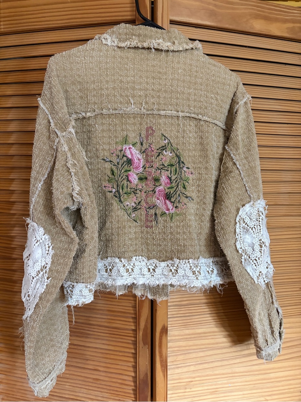 POL Tan Crochet-Accent Jacket with Embroidered Rose & Peace - Picture 7 of 7